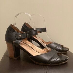 Pikolinos Black Stacked Heel Peep Toe Shoes